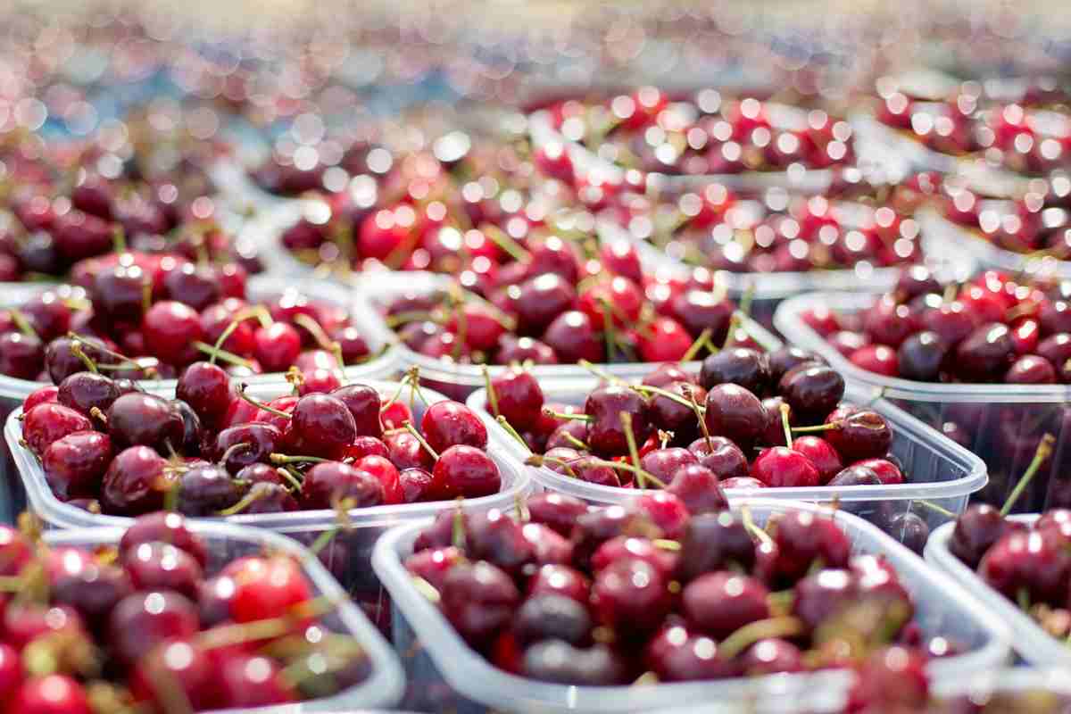 Butti le vaschette in plastica di frutta