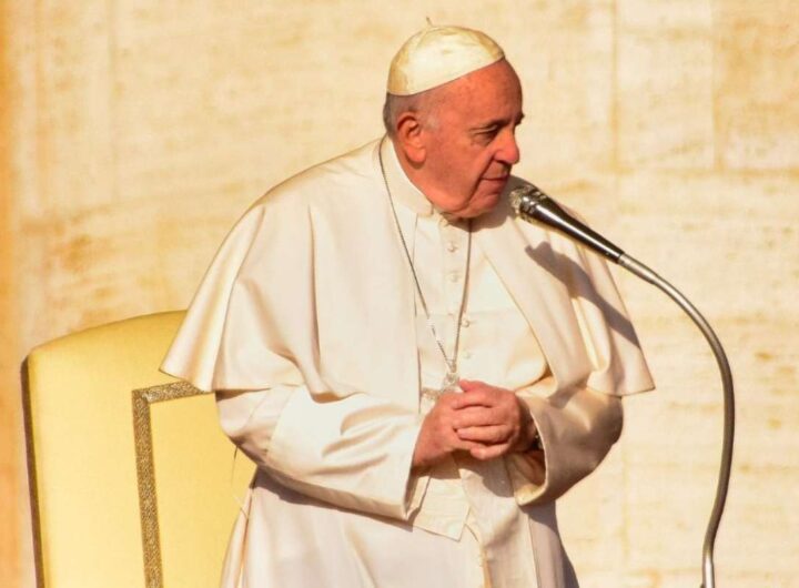 papa francesco al microfono durante l'udienza